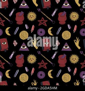 Seamless pattern with hand drawn doodle line art celestial bodies and magic items. Spiritual mystic repeat texture. Stock Vector