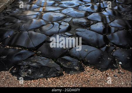 Grooves in the hard surface of volcanic black basalt rocks under the Arco dei Gavi in Verona, Veneto, Italy, were cut by wheels of ancient Roman carts, wagons and chariots.  The arch was built for a noble family in the 1st century AD, demolished by the French in 1805, but then rebuilt in 1932 on a new site by Italian Prime Minister Benito Mussolini, complete with this short relaid stretch of Roman highway.  The arch once spanned Verona’s access to the Via Postumia or Via Sacra, an important road linking Liguria in northern Italy’s far west to ancient Illyria in the western Balkans. Stock Photo