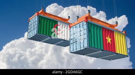 Freight containers with Algeria and Cameroon national flags. 3D Rendering Stock Photo