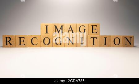 Image recognition was created from wooden cubes. Industry and technology. close up. Stock Photo