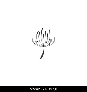 Black flat icon of dandelion flower with curved sprig. Big Bloom with big shabby petals. Isolated on white. Vector illustration. Eco style. Nature sym Stock Vector