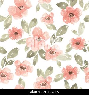 Pattern with abstract peach flowers and watercolor leaves on a transparent background Stock Vector