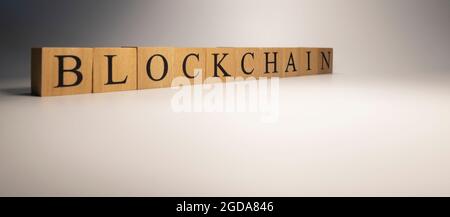 Blockchain chain was created from wooden cubes. Industry and technology. close up. Stock Photo