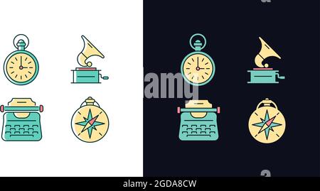 Old-fashioned items light and dark theme RGB color icons set Stock Vector