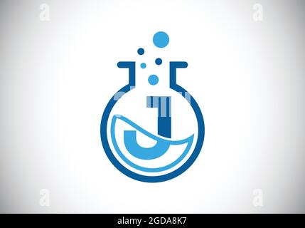 Initial J monogram alphabet with lab glass, chemical liquid, and bubbles. Lab logo. Logo for science, and technology business and company identity Stock Vector