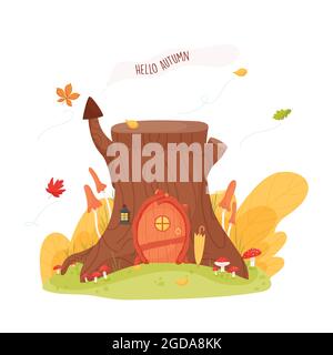 Fairy tiny forest house in the stump tree. With text Hello Autumn. Cute cartoon vector illustration. Stock Vector