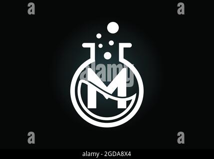 Initial M monogram alphabet with lab glass, chemical liquid, and bubbles. Lab logo. Logo for science, and technology business and company identity Stock Vector
