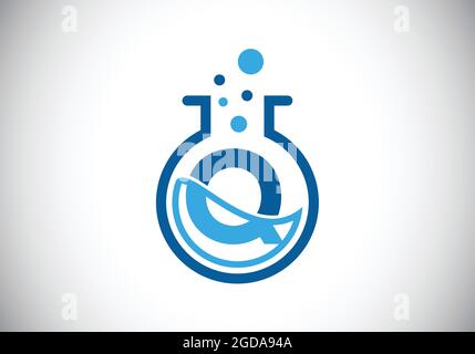 Initial Q monogram alphabet with lab glass, chemical liquid, and bubbles. Lab logo. Logo for science, and technology business and company identity Stock Vector