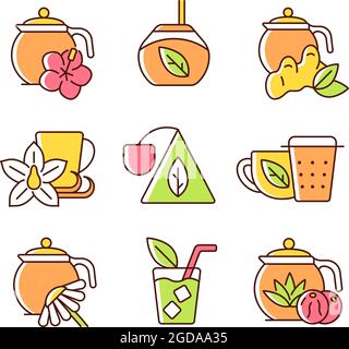 Tea and tea-like beverages RGB color icons set Stock Vector