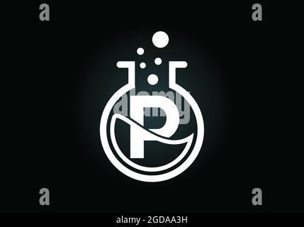 Initial P monogram alphabet with lab glass, chemical liquid, and bubbles. Lab logo. Logo for science, and technology business and company identity Stock Vector