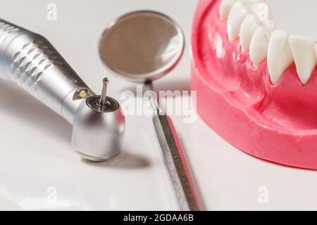Dental instruments for teeth dental care on white background Stock Photo