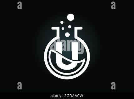 Initial U monogram alphabet with lab glass, chemical liquid, and bubbles. Lab logo. Logo for science, and technology business and company identity Stock Vector