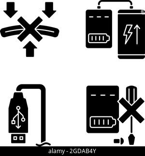 Powerbank proper use black glyph manual label icons set on white space Stock Vector