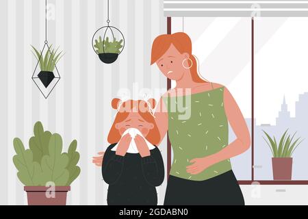 Mother and unhappy daughter sick, family ill vector illustration. Cartoon sad girl child character holding handkerchief, has runny nose and cold flu, standing with mom in home room interior background Stock Vector