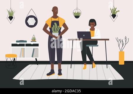 Couple people spend time at home together vector illustration. Cartoon girl character working at table on laptop, man doing home gardening, holding houseplant in pot in modern room interior background Stock Vector