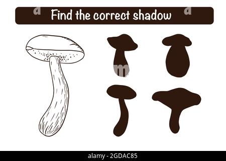 Find Correct Boletus Silhouette Educational Game for Kids. Shadow matching activity for children with edible mushrooms. Preschool puzzle. Educational worksheet Stock Vector