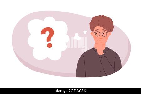 Find answer idea to question vector illustration. Cartoon curious male character standing near question mark in cloud, nerd student with glasses thinking over study or work problem isolated on white Stock Vector