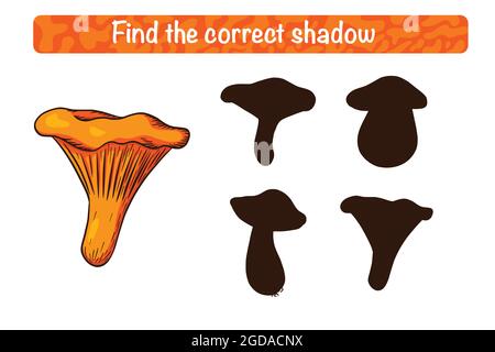 Find Correct Chanterelle Shadow Educational Game for Kids. Shadow matching activity for children with edible mushrooms. Preschool puzzle. Educational worksheet. FInd the correct silhouette game Stock Vector