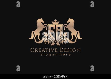 FR Retro golden crest with shield and two horses, badge template with scrolls and royal crown - perfect for luxurious branding projects Stock Vector