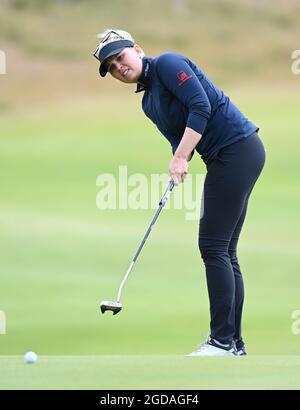 Denmark's Nanna Koerstz Madsen on the 18th green during day one of the Trust Golf Women's Scottish Open at Dumbarnie Links, St Andrews. Picture date: Wednesday August 11, 2021. Stock Photo