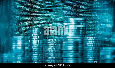 Stack of coins against a background with program code and matrix Stock Photo