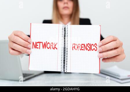 Text caption presenting Network Forensics. Word Written on monitoring and analysis of computer network traffic Assistant Offering Instruction And Stock Photo