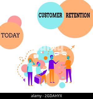 Writing displaying text Customer Retention. Business approach Actions or activities companies take to retain customers Four Colleagues Illustration Stock Photo
