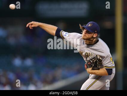 Chicago, USA. 11th Aug, 2021. Milwaukee Brewers starting pitcher Corbin Burnes works against the Chicago Cubs in the first inning at Wrigley Field in Chicago on Wednesday, Aug. 11, 2021. (Photo by Chris Sweda/Chicago Tribune/TNS/Sipa USA) Credit: Sipa USA/Alamy Live News Stock Photo