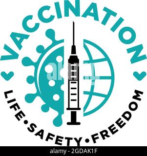 COVID-19 global vaccination concept. Medical syringe with needle, Vial and bottle with the drug against coronavirus. Life, safety, freedom travel. Vec Stock Vector