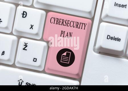 Conceptual caption Cybersecurity Plan. Concept meaning Techniques of protecting computer and system from attacks Typing Online Network Protocols Stock Photo