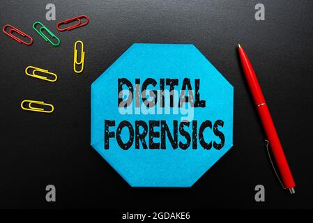 Conceptual caption Digital Forensics. Business concept investigation of material found in digital devices Thinking New Bright Ideas Renewing Stock Photo