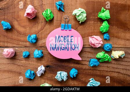 Text caption presenting Mobile Navigation. Conceptual photo graphical user interface used to aid the vehicle driver Colorful Perpective Positive Stock Photo