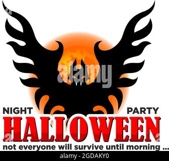 Halloween party poster with horror elements. Full moon, flying vampire, bat. Illustration, vector Stock Vector