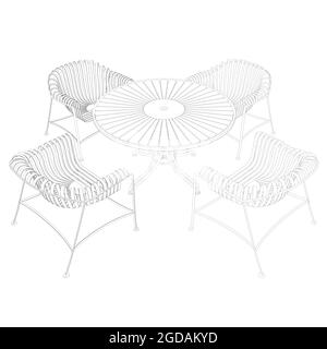 Outline summer table with four chairs isolated on white background. Perspective view. Vector illustration. Stock Vector