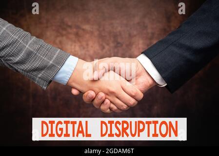 Inspiration showing sign Digital Disruption. Business approach transformation caused by emerging digital technologies Two Professional Well-Dressed Stock Photo