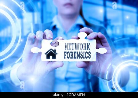 Writing displaying text Network Forensics. Word Written on monitoring and analysis of computer network traffic Business Woman Holding Jigsaw Puzzle Stock Photo