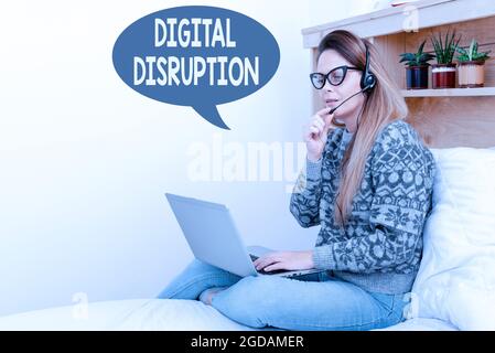Writing displaying text Digital Disruption. Business idea transformation caused by emerging digital technologies Student Learning New Things Online Stock Photo