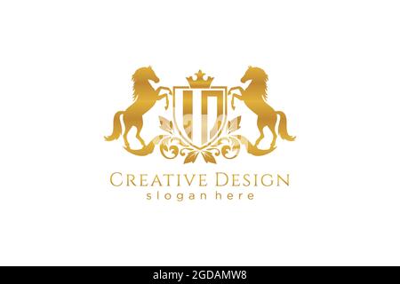 IN Retro golden crest with shield and two horses, badge template with scrolls and royal crown - perfect for luxurious branding projects Stock Vector