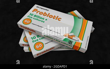 Probiotic pack production. Medical antibiotic therapy drug box factory. Abstract concept 3d rendering illustration. Live bacteria cultures for healthy Stock Photo