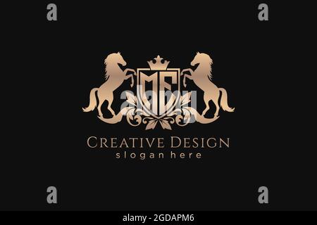ME Retro golden crest with shield and two horses, badge template with scrolls and royal crown - perfect for luxurious branding projects Stock Vector
