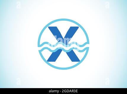 Initial X monogram alphabet in a circle with water waves. Water wave logo design. Logo for the ocean, sea-related business, and company identity Stock Vector
