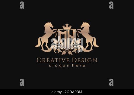 MK Retro golden crest with shield and two horses, badge template with scrolls and royal crown - perfect for luxurious branding projects Stock Vector