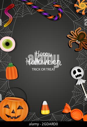 Happy halloween poster with pumpkin bucket and candies Stock Vector