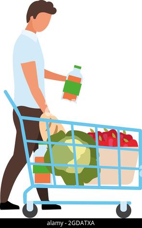 Man with full shopping cart semi flat color vector character Stock Vector