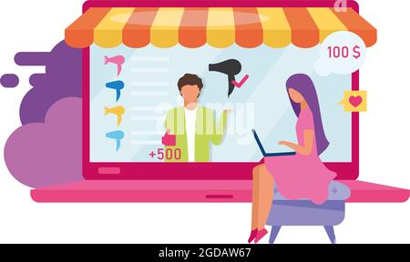 Girl watching product review video flat concept vector illustration Stock Vector