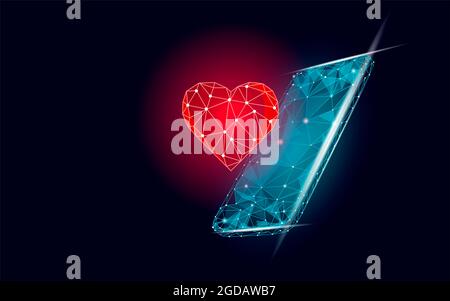 Internet dating app concept. 3D low poly smartphone romantic relationship symbol heart. Social media love date find couple service. Website romantic m Stock Photo
