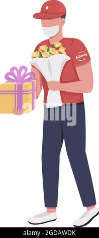 Delivery person with birthday gifts semi flat color vector character Stock Vector