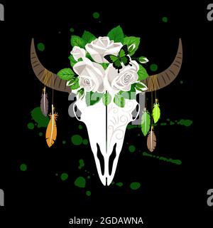 Skull of animal with flowers and feathers Stock Vector