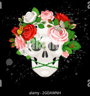 Isolated white human vector skull in nice different roses flowers, beetles, butterflies on black background with blots Stock Vector