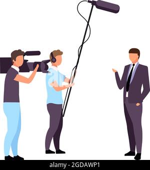 Male reporter with camera team semi flat color vector characters Stock Vector